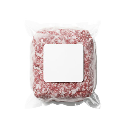 Plastic packaging of raw minced meat on white background, top viewの素材