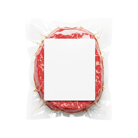 Tasty salami in plastic bag with blank card on white backgroundの素材