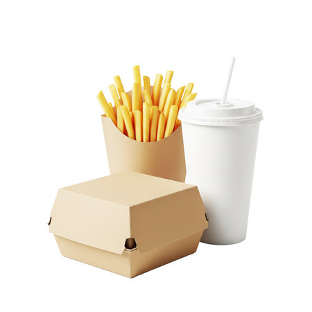 Fast food. Takeaway coffee cup and french fries isolated on white backgroundの素材