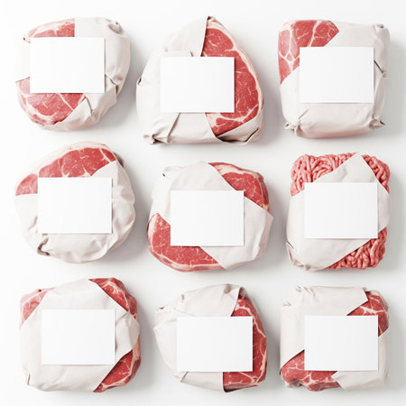 Top view of raw beef meat with blank paper card on white backgroundの素材