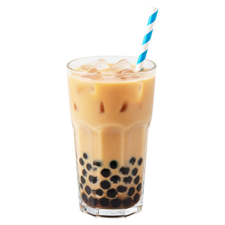 Iced Thai Milk Tea with Bubbles Isolated on White Backgroundの素材