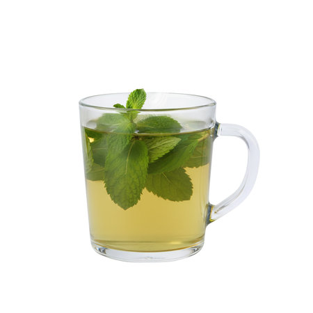 Mint tea in glass cup isolated on white background with clipping pathの素材