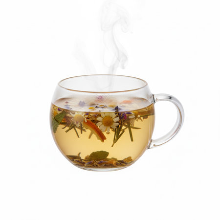 Herbal tea in a glass cup isolated on a white background.の素材