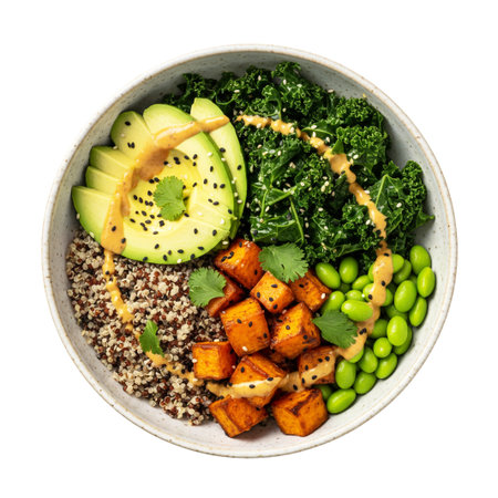 Bowl of quinoa with kale, avocado and pumpkin on white backgroundの素材