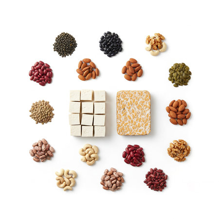 Assortment of nuts on white background, top view. Healthy foodの素材