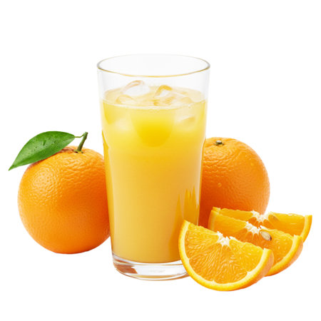 Glass of orange juice and fruits isolated on white background. Clipping pathの素材