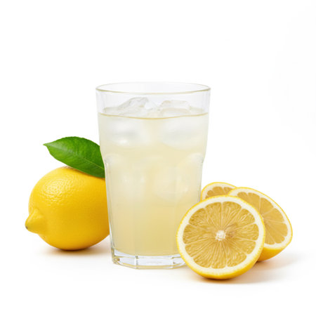 Glass of fresh lemonade with ice cubes and lemons isolated on white backgroundの素材