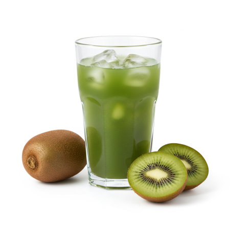 kiwi juice in a glass isolated on white background with clipping pathの素材