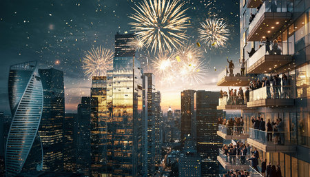 Festive Night in the City with Fireworks and Celebrationsの素材