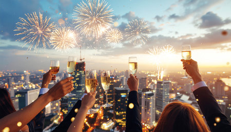 Rooftop Celebration with Champagne Toast and Fireworks Over City Skylineの素材