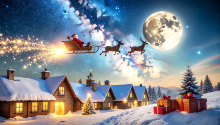Santa's Magical Christmas Eve Flight Over a Snowy Villageの素材