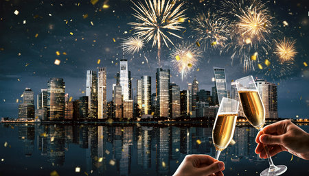 Cheers to the New Year City Celebration with Fireworks and Champagneの素材