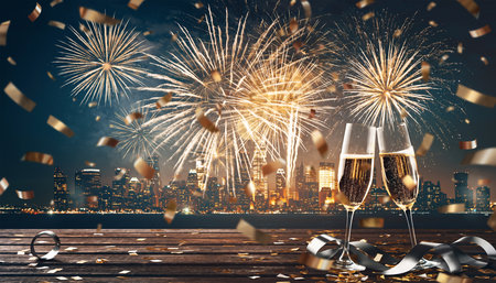 New Year's Eve Celebration with Fireworks and Champagneの素材