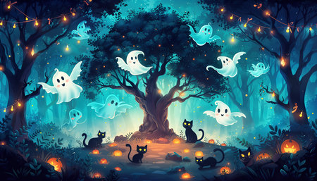 Enchanted Halloween Forest with Ghosts and Black Cats.の素材