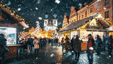 Enchanting Christmas Market in a Snowy European City at Night.の素材