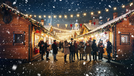 Enchanting Christmas Market in a Snowy Winter Eveningの素材