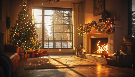 Cozy Christmas Living Room with Fireplace and Snowy Viewの素材