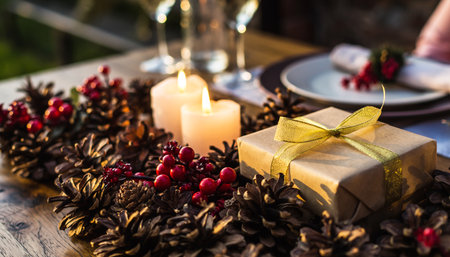 Festive Holiday Table Setting with Candles, Pinecones, and a Giftの素材