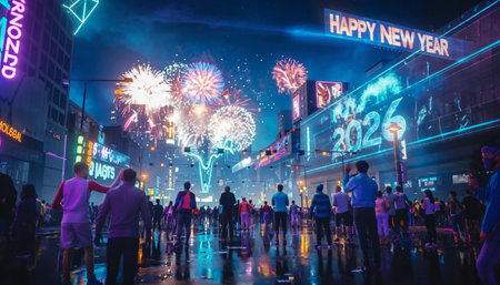 Futuristic City Celebrates New Year's Eve with Dazzling Fireworksの素材