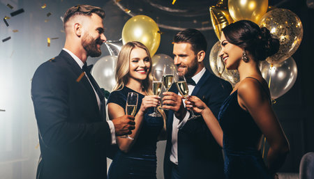 Joyful Group Celebrating with Champagne at a Formal Eventの素材