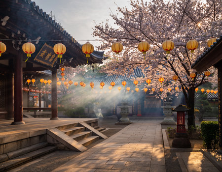 Cherry Blossoms and Lanterns in a Serene Temple Courtyardの素材