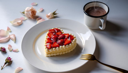 Romantic Heart-Shaped Strawberry Cake with Hot Drink and Rose Petalsの素材