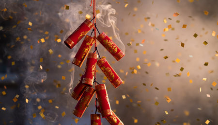 Smoking Firecrackers and Golden Confetti for Celebration.の素材