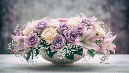 Elegant Floral Centerpiece with Purple and Cream Roses and Pink Liliesの素材