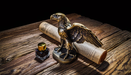 golden eagle statue with old book and inkwell on wooden tableの素材