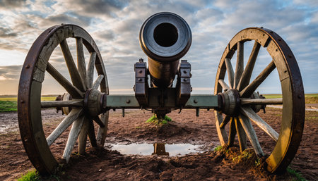 Historic Cannon on a Muddy Field at Dawnの素材