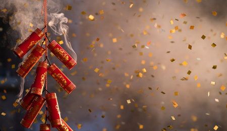 Festive Firecrackers and Golden Confetti Celebration.の素材