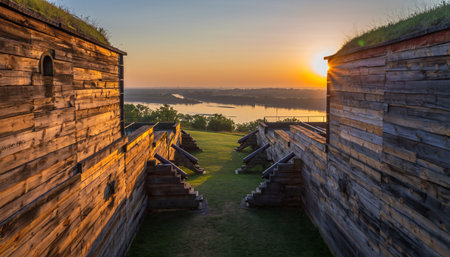 Golden Hour at a Historic Wooden Fort Overlooking a Riverの素材