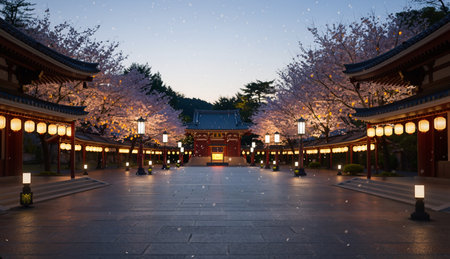 Serene Japanese Temple Pathway with Cherry Blossoms at Duskの素材