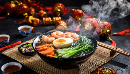 Steaming Noodle Soup with Shrimp and Egg for Lunar New Yearの素材