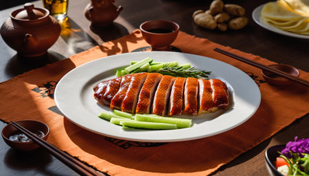 Delicious Sliced Roasted Duck with Cucumbers and Sauceの素材