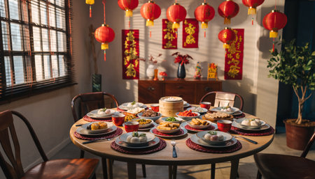 Festive Lunar New Year Dinner Table with Traditional Decorationsの素材