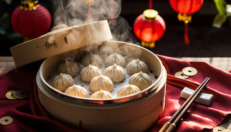 Steaming Chinese Dumplings in a Bamboo Basket with Festive Decorの素材