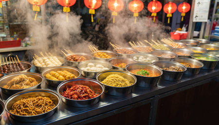 Vibrant Asian Street Food Stall at a Bustling Night Marketの素材
