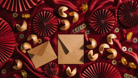 Festive Chinese New Year Arrangement with Envelopes and Gold Coinsの素材