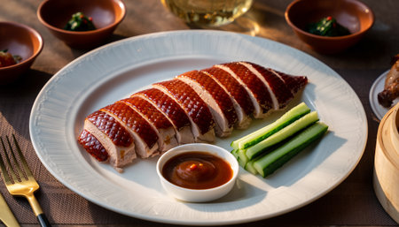 Gourmet Sliced Roasted Duck Platter with Cucumber and Dipping Sauceの素材