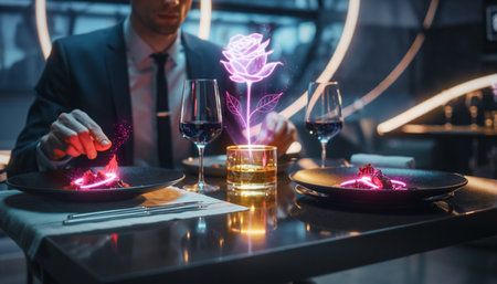 Futuristic Dining Experience with Holographic Rose and Neon Glowの素材