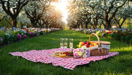 Idyllic Spring Picnic in a Blooming Orchardの素材