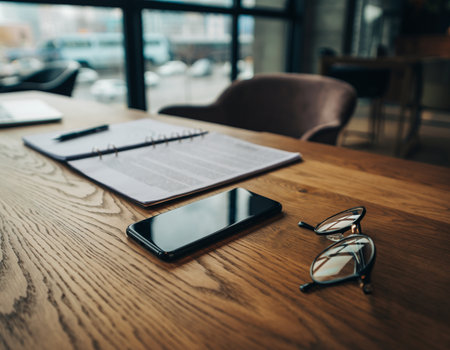 Workspace Essentials Notebook, Phone, and Glasses on a Wooden Tableの素材