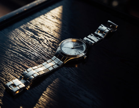Elegant Silver Wristwatch on a Dark Wooden Surface with Dramatic Lightingの素材