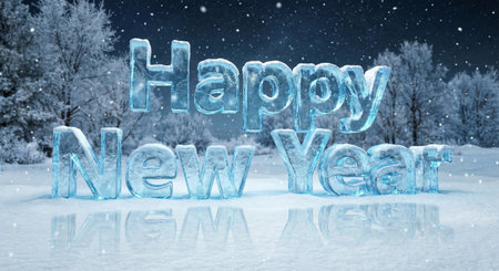 Frozen 3D 'Happy New Year' Text Made of Ice in a Snowy Winter Forest Landscapeの素材