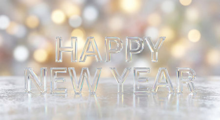 Elegant 3D Crystal 'Happy New Year' Text on Golden Bokeh Backgroundの素材