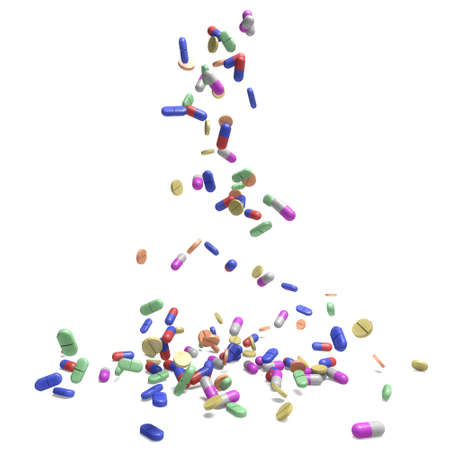 Multicolored falling on the surface of white pills.の写真素材