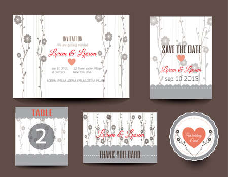 Set of wedding cards. Wedding invitations, Thank you card, Save the date card, Table cardのイラスト素材