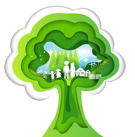 Eco paper art design style, tree and family with nature.vector illustrationのイラスト素材