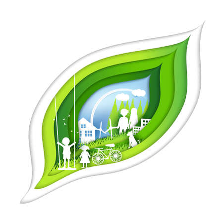 eco paper art design style, tree and family with nature.vector illustrationのイラスト素材